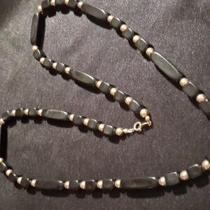 Vintage Black Wooden and Gold  Beaded Necklace. 26 In Long